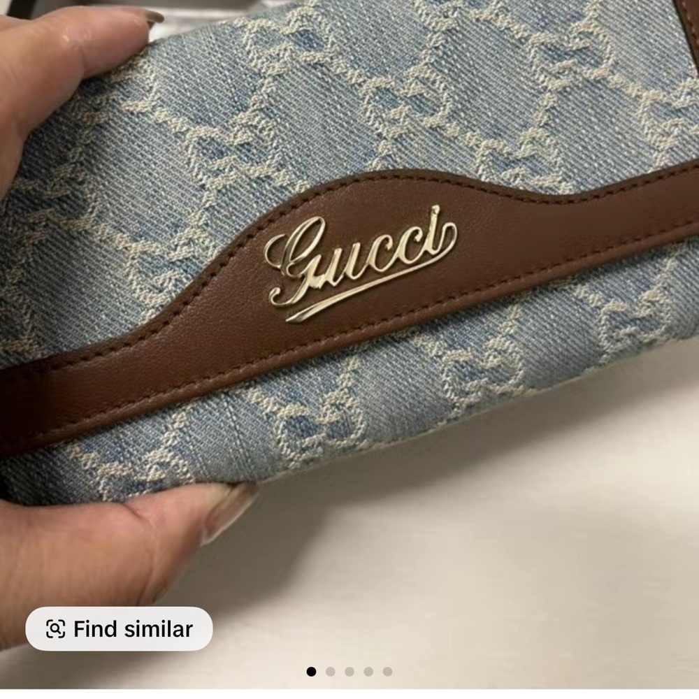 Gucci Light Blue Denim Clutch with Brown Leather and Gold Logo
